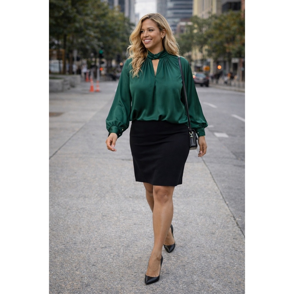 Fifty Street Emerald Green Satin High Neck Twisted Keyhole Blouse Top Large NWT